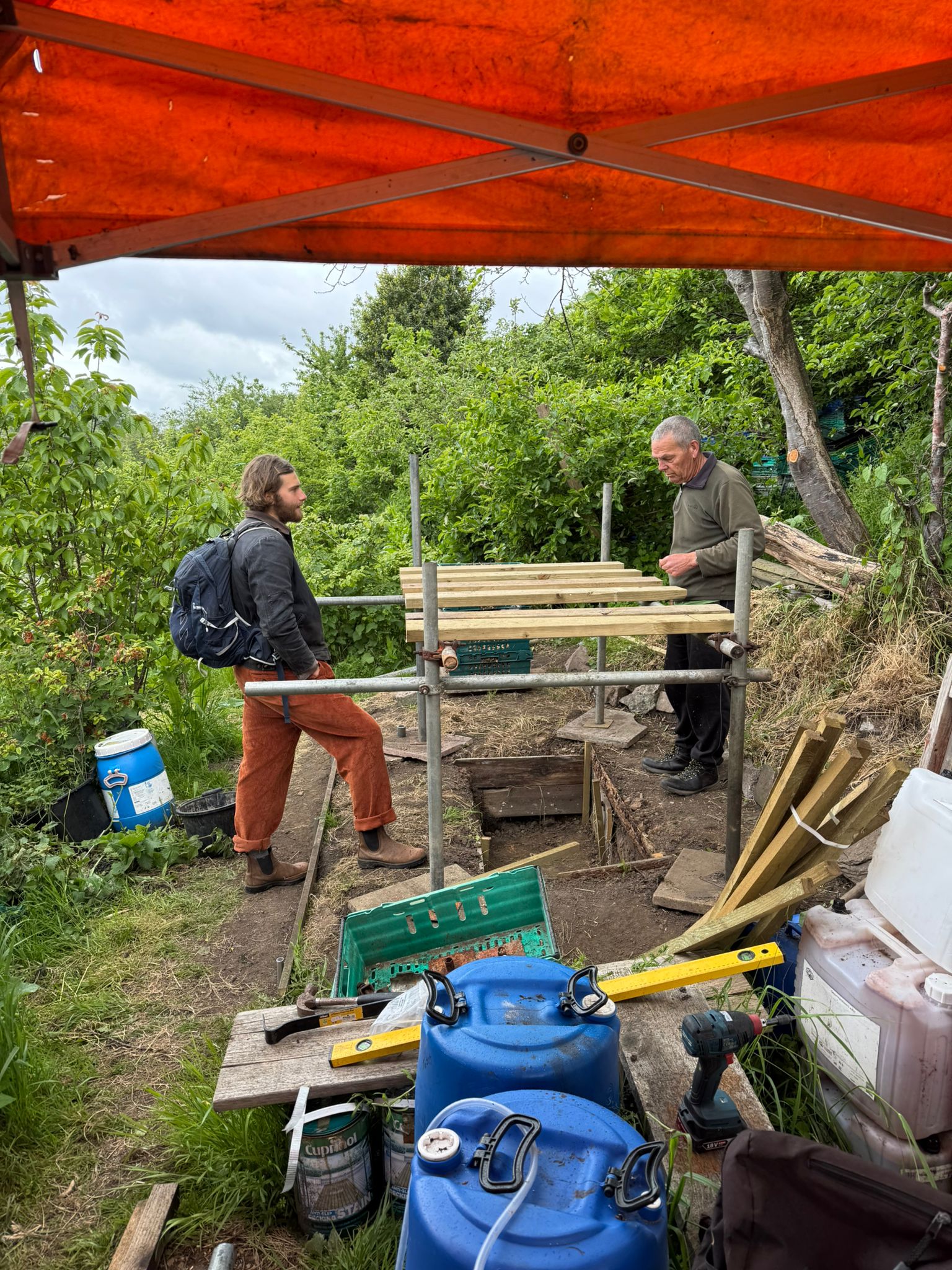 Tim and John working at the scaffold bench