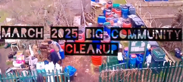 Volunteers clearing and tidying shared areas during the March 2025 site clean-up