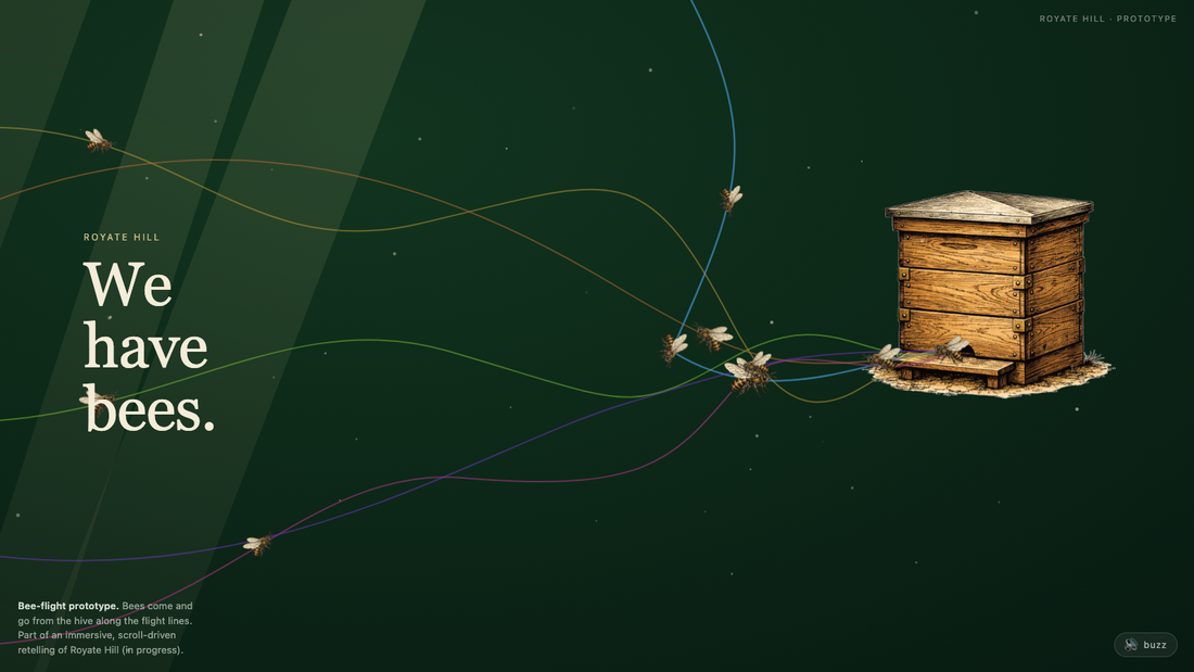 Screenshot: the words 'We have bees' on the left, with bees flying along curved paths to a wooden hive on the right.