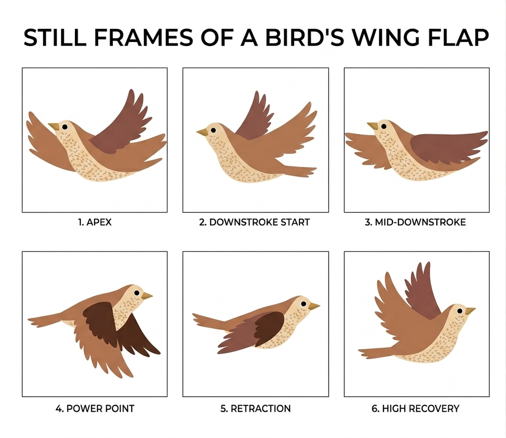 A grid of six illustrated frames of a bird's wing flap, labelled apex, downstroke start, mid-downstroke, power point, retraction and high recovery.