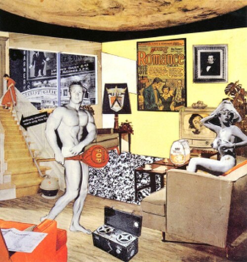 Richard Hamilton's 1956 pop-art collage: a cut-out modern living room with a bodybuilder holding a giant Tootsie Pop lollipop, a pin-up figure on a sofa, and household objects.