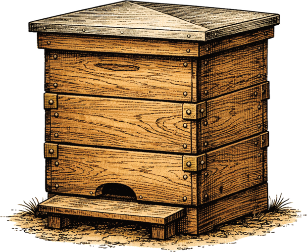 A Victorian botanical illustration of a wooden beehive.